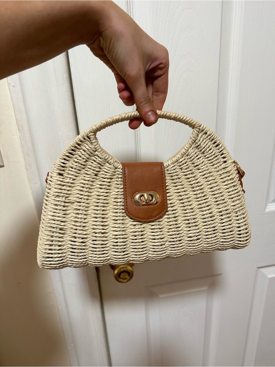 Handbags - Woven Straw Top-Handle Bag with Brown Leather Trim